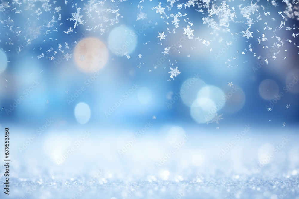 Magical Christmas background with snowflakes and holiday lights.