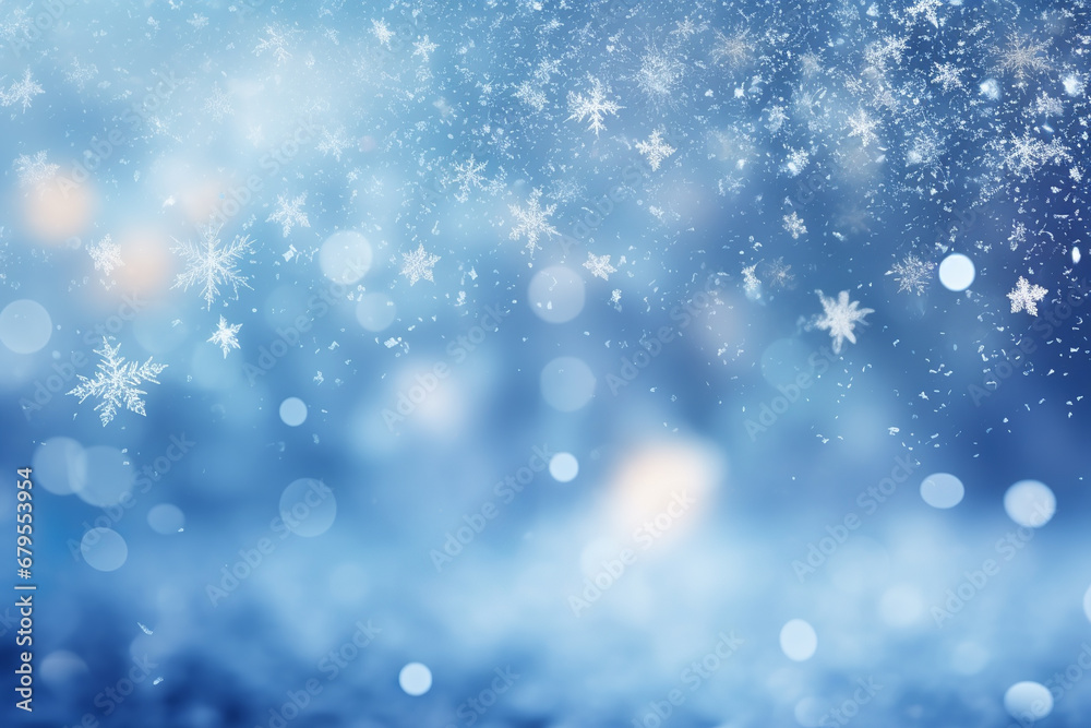 Magical Christmas background with snowflakes and holiday lights.