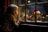 Little girl sitting in the window on Christmas night, waiting for Santa.