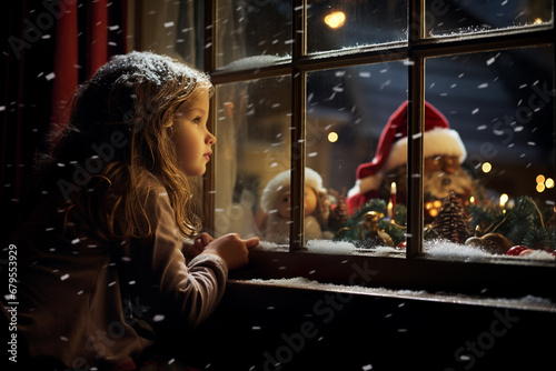 Little girl sitting in the window on Christmas night, waiting for Santa. photo