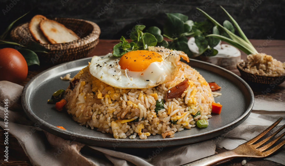 Fried rice with fried egg,thai food, photography close up shot in studio Fried rice with fried egg,thai food, photography close up shot in studio