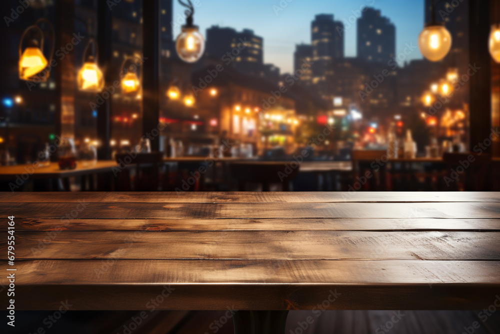 Empty wooden tabletop with blurred bar background Empty wooden tabletop with blurred bar background