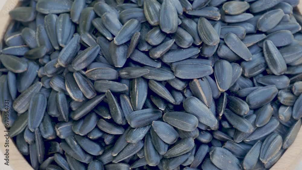 Roasted Sunflower Seeds Close-up Rotate in wooden bowl. Harvesting Sunflower Unpeeled Seeds, Healthy Source of Vitamins in Vegan Food. Raw Materials for Sunflower Oil. Top view. Roasted Sunflower Seeds Close-up Rotate in wooden bowl. Harvesting Sunflower Unpeeled Seeds, Healthy Source of Vitamins in Vegan Food. Raw Materials for Sunflower Oil. Top view.