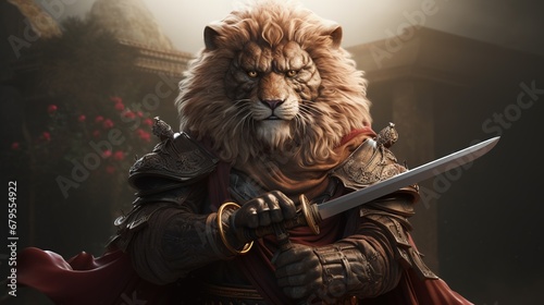 A playful and imaginative scene featuring a ninja lion skillfully holding a sword, ready for adventure and stealthy maneuvers.