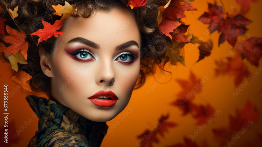 Expressive make up, beautiful woman with autumn leaves, portrait Expressive make up, beautiful woman with autumn leaves, portrait
