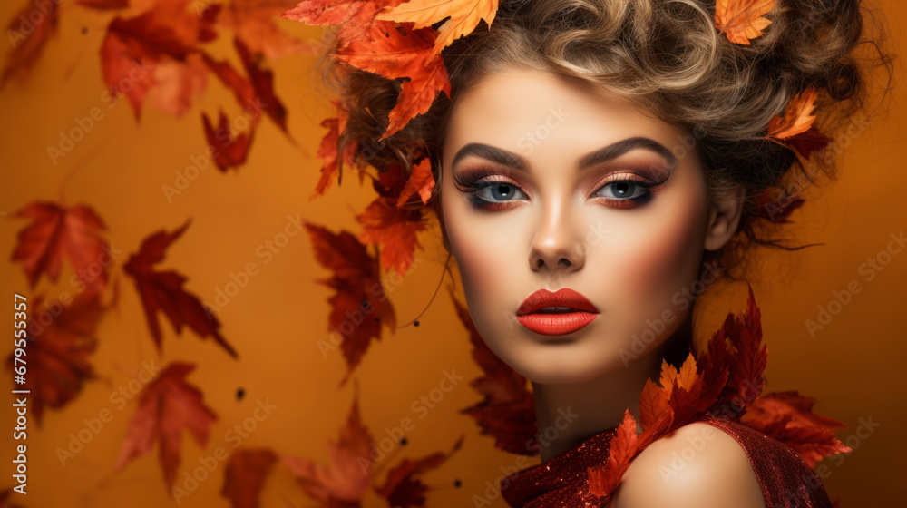 Expressive make up, beautiful woman with autumn leaves, portrait