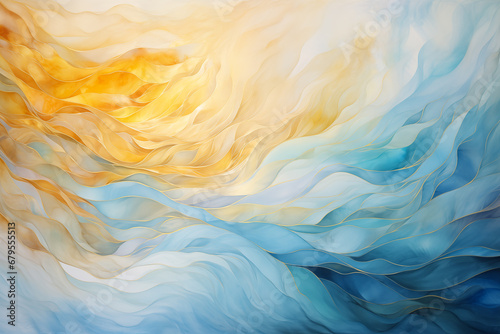 Abstract ocean wave with sun and sky, curvy lines and fluid swirls. Copy space, backdrop for text. Happy blue, yellow pastel colors summer sky vacation background, watercolor graphic resource 