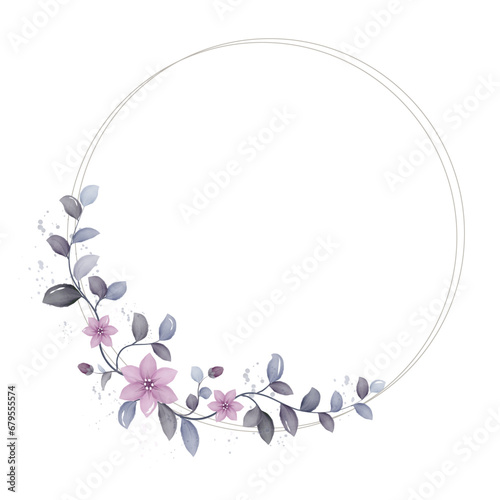 Round floral frame with violet purple watercolor flowers and green leaves, template, vector