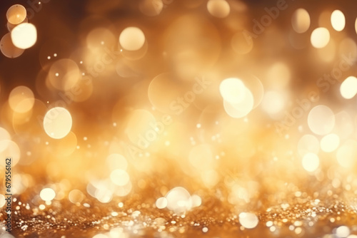 Christmas gold garland lights, bokeh over dark background with glitter overlay. Festive Christmas and New year background