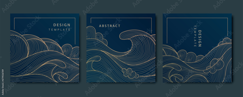 Vector set of luxury fancy golden patterns, linear style wavy cards. Art deco flow, ocean, river banners, wave post templates for social net, tags, covers. - obrazy, fototapety, plakaty 