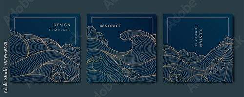 Vector set of luxury fancy golden patterns, linear style wavy cards. Art deco flow, ocean, river banners, wave post templates for social net, tags, covers.