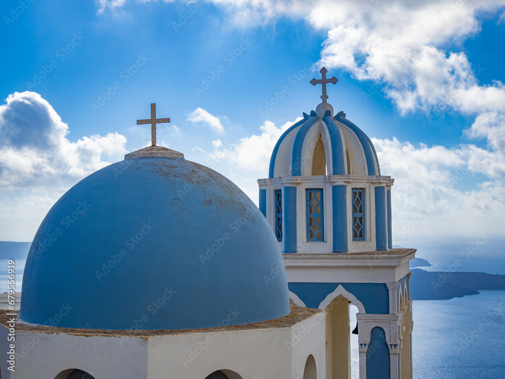 Typical orthodox greek church in Santorini (officially Thira and Classical Greek Thera) island, Cyclades islands, Aegean Sea, Greece