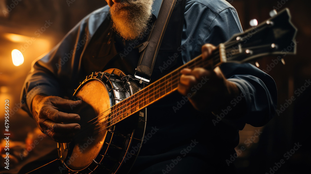 Fototapeta premium Man playing a banjo with his hands in a dimly lit room.