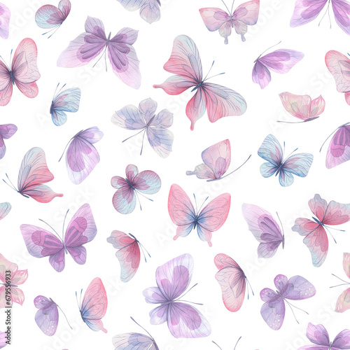 Butterflies are pink, blue, lilac, flying, delicate with wings and splashes of paint. Hand drawn watercolor illustration. Seamless pattern on a white background, for design