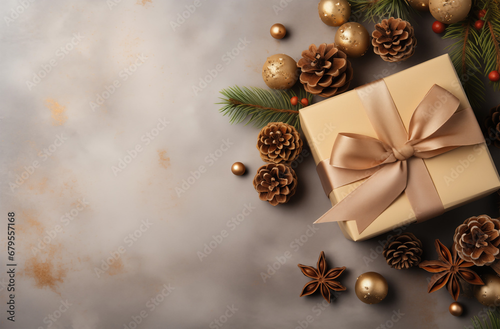 Christmas decoration composition on light gold background with beautiful Golden gift box with ribbon