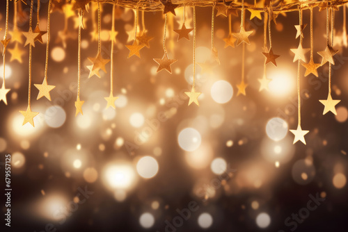 Christmas gold garland lights, stars, bokeh over dark background with glitter overlay. Festive Christmas and New year background