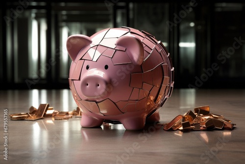 A broken piggy bank with a cracked mirror in the background, depicting the distorted reality and loss of self-worth resulting from financial crises.