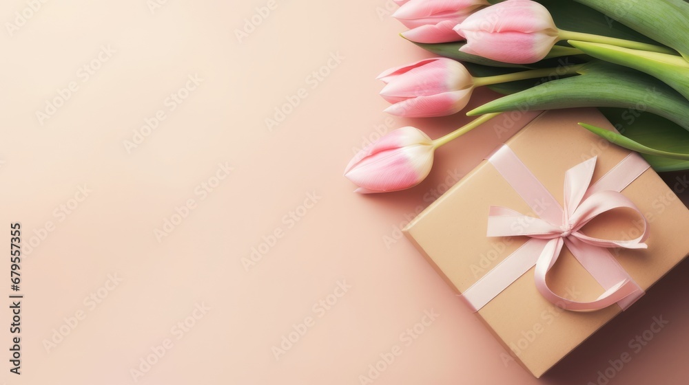 Fresh violet pink bright tulips and gift with bow on wooden background. Festive background for Mother's day, International Women day