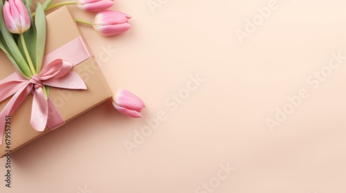 Fresh violet pink bright tulips and gift with bow on wooden background. Festive background for Mother's day, International Women day