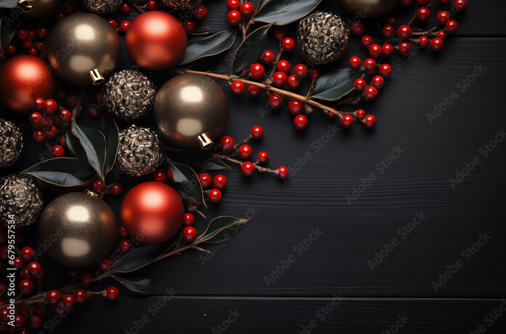 Christmas background with a border of fir branches and red decorations 