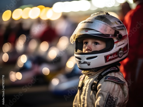 Kleine Junge mit Helm und Rennanzug wartet in der Boxengasse / Motosport Nachwuchs Poster / Motorsport Wallpaper / Kind als Rennfahrer / Ai-Ki generiert © Chris