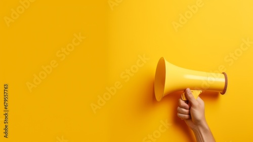 Hand holds a megaphone from a hole in the wall on a yellow background. Concept of hiring, advertising something. Banner. 