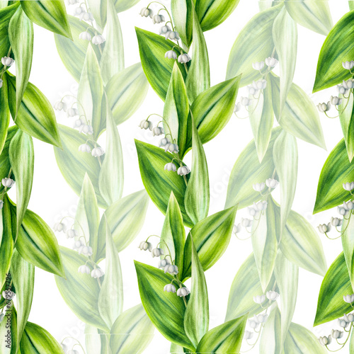 Watercolor seamless pattern with bouquets of lilies of the valley flowers isolated on background. Spring and Easter hand painted illustration. For designers, wedding, decoration, postcards, wrappin