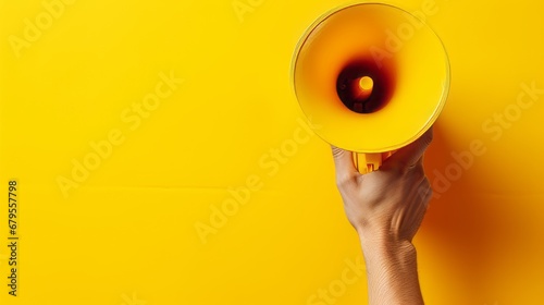 Hand holds a megaphone from a hole in the wall on a yellow background. Concept of hiring, advertising something. Banner. 