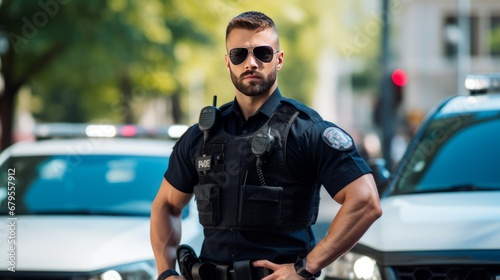 Portrait serious young man cops stand near patrol car look at camera enforcement background his colleague happy officer police uniform auto safety control policeman close up slow motion  © Jalal