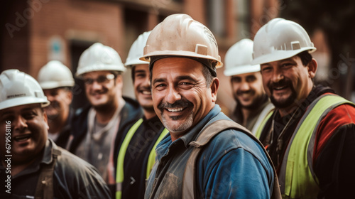 group of smiling builders in hardhats outdoors.
