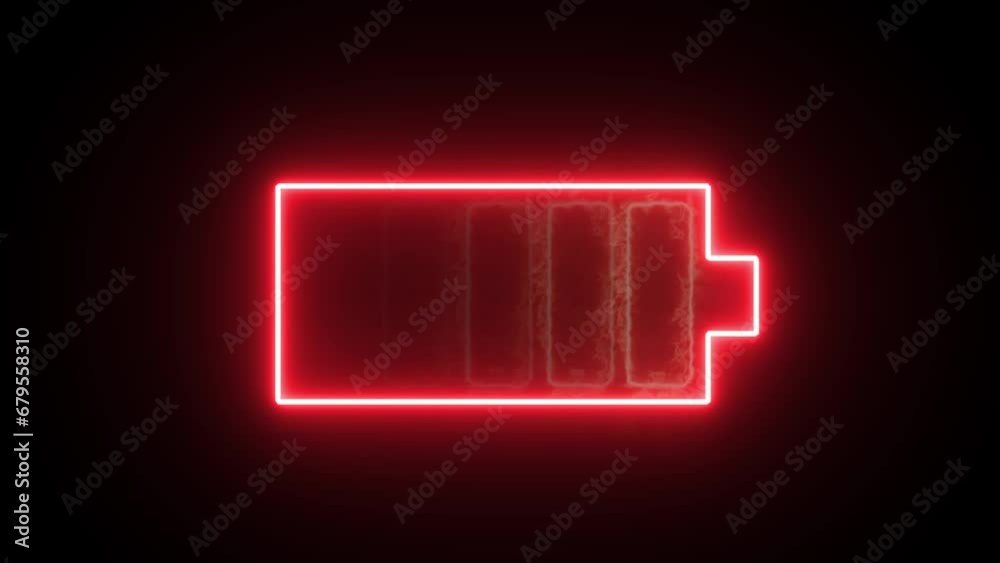 Neon red and red fire glowing battery charging icon. Charger, running from low to full cell phone battery. Glowing neon line Battery icon animated video