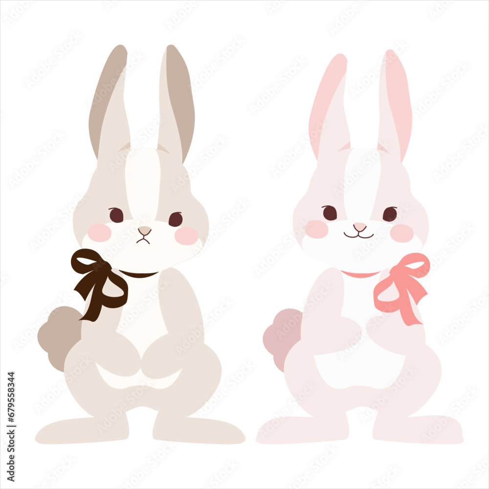 Fototapeta premium 正面を向いたリボンを付けたかわいいウサギのペア