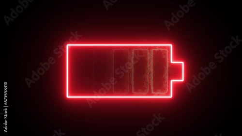 Neon red and red fire glowing battery charging icon. Charger, running from low to full cell phone battery. Glowing neon line Battery icon animated video