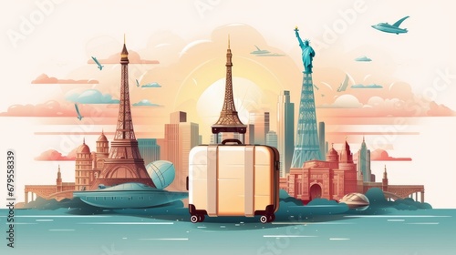 Illustration Travel Concept with Plane, Famous Landmark World, and Traveling luggage photo