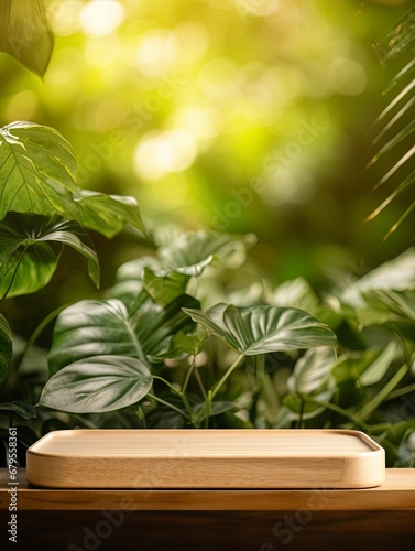 Wooden product display podium with blurred nature leaves background. copy space  generative ai