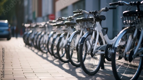 Many white and black bicycles standing in a row on a parking lot for rent in the city. Eco friendly urban transport. Healthy lifestyle concept photo