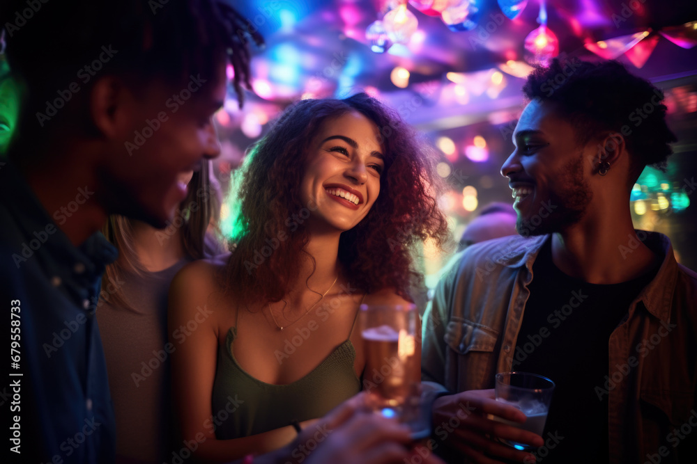 Portrait of cheerful girl with drink at party on background of her friends.