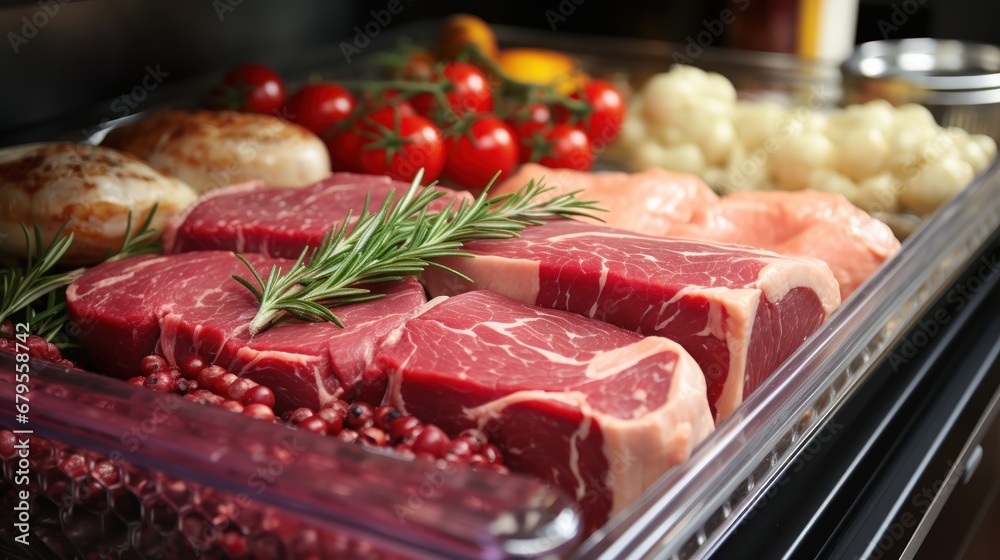 Meat displayed in a refrigerator.