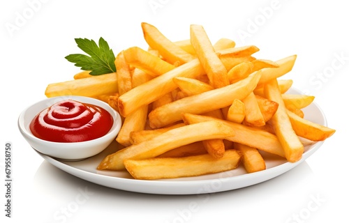 Wooden plate of delicious french fries with ketchup on white background