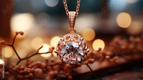 Elegant rose gold necklace with a diamond ring, set against a blurred setting.