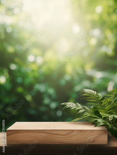 Wooden product display podium with blurred nature leaves background. copy space  generative ai