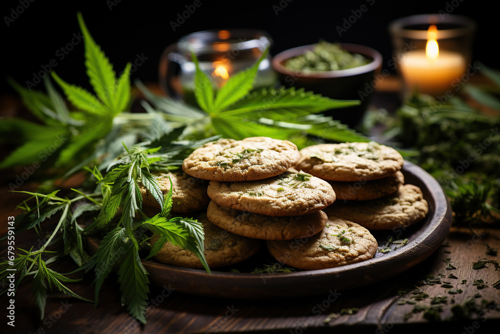 marijuana cookies and medical cannabis leaves on table marijuana cookies and medical cannabis leaves on table