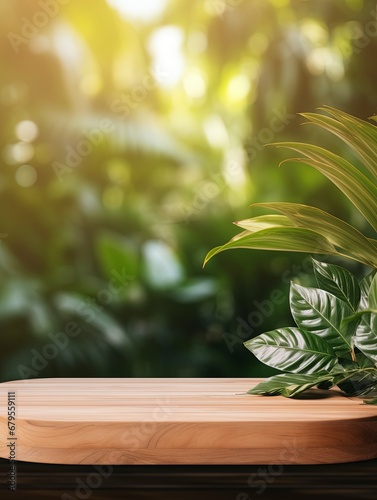 Wooden product display podium with blurred nature leaves background. copy space  generative ai