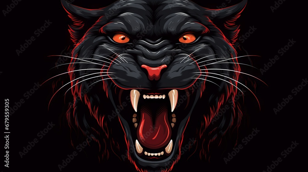 Panther with teeth and open mouth on a black background. Vector illustration