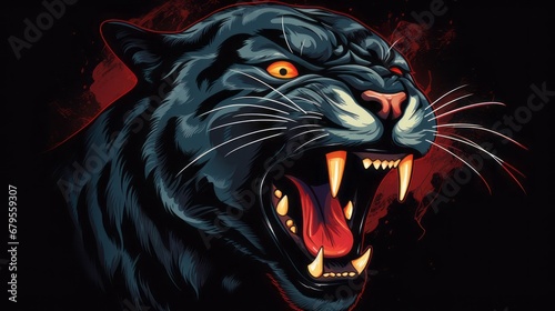 Panther with teeth and open mouth on a black background. Vector illustration