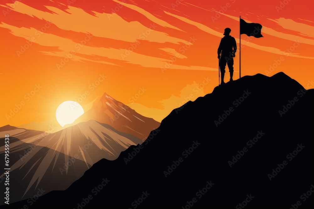 silhouette of man on top of mountain with flag at sunset, silhouette of Soldier on top of the mountain with, AI Generated