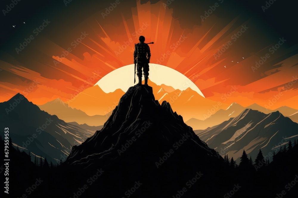 Silhouette of a man standing on top of a mountain, silhouette of Soldier on top of the mountain with, AI Generated