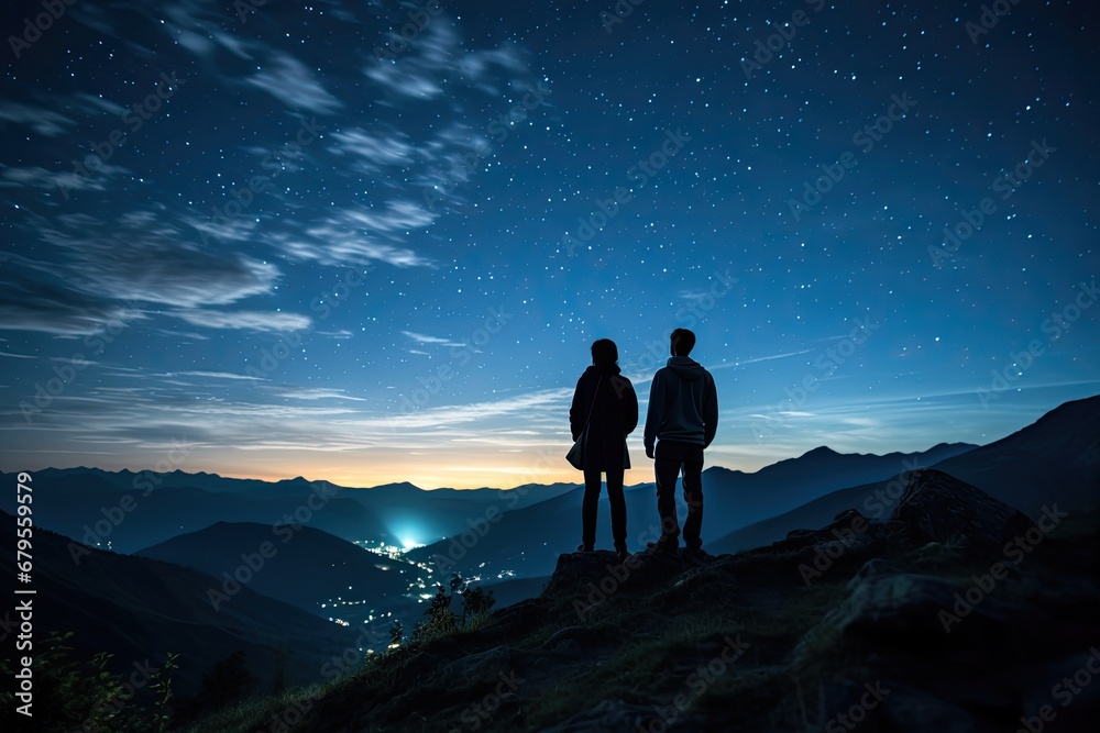 Silhouette of couple standing on top of mountain and looking at the starry sky, Silhouette of young couple hiker were standing at the top of the mountain looking, AI Generated