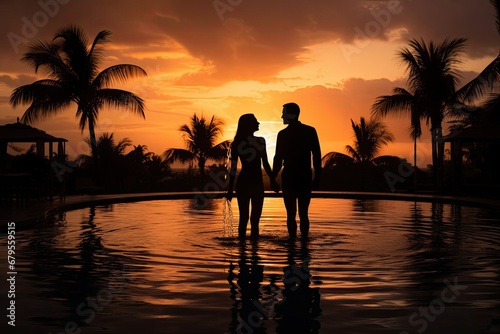 Silhouette of a couple holding hands while standing in a swimming pool at sunset, Silhouette of man and woman standing in swimming pool at beautiful sunset, AI Generated