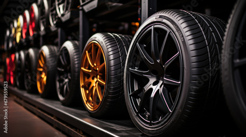 Car tires showcased inside an automobile workshop.